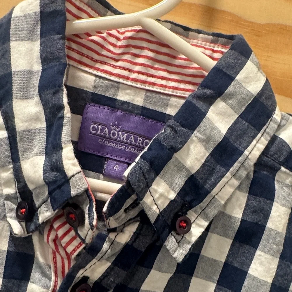 Navy and White Checkered Button-Up Shirt